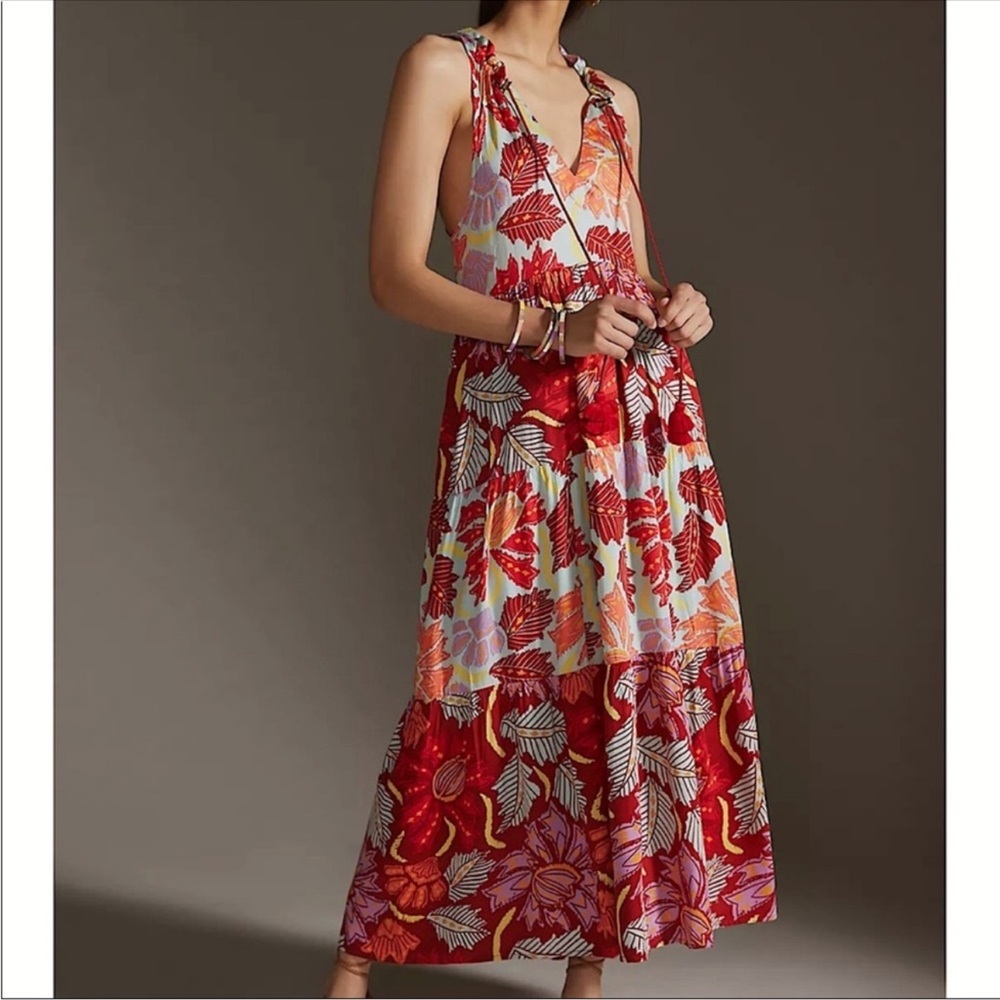 Anthropologie Red Orange Floral Tiered Maxi Dress
